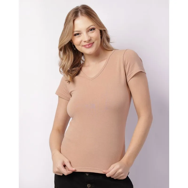 Blusa Feminina Manga Curta Básica Decote V Bege M