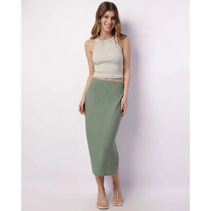 Saia Feminina Midi Canelada com Fenda Verde P