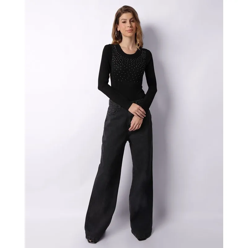 Body Feminino Canelado Manga Longa Com Strass Preto M