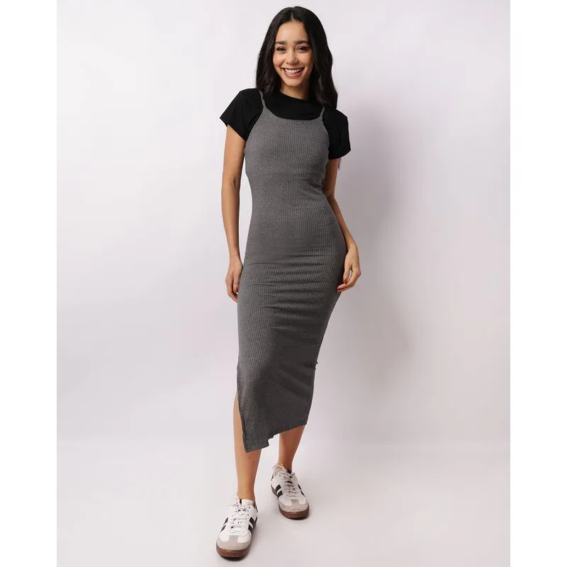 Vestido Feminino Midi Canelado Cinza G