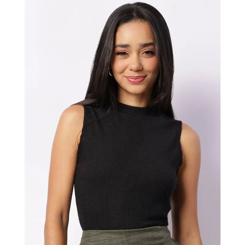 Regata Feminina Cropped Texturizada Gola Alta Preta GG