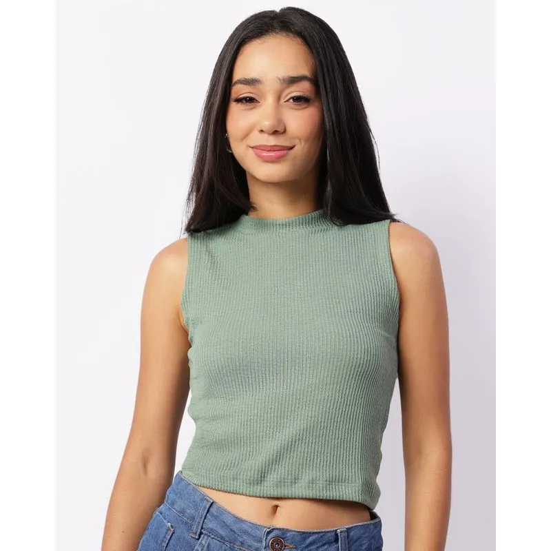 Regata Feminina Cropped Texturizada Gola Alta Verde P