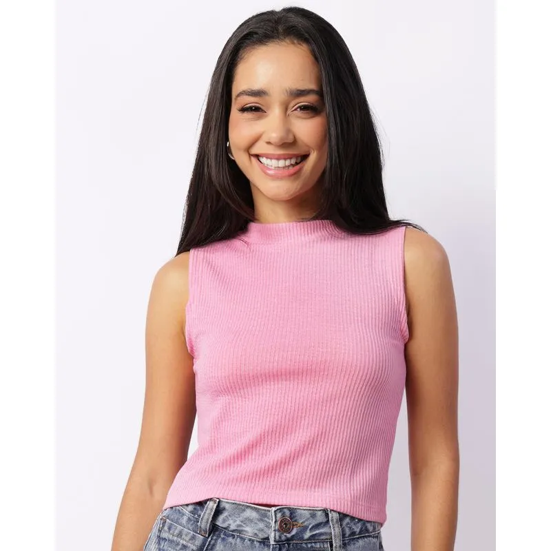 Regata Feminina Cropped Texturizada Gola Alta Rosa M