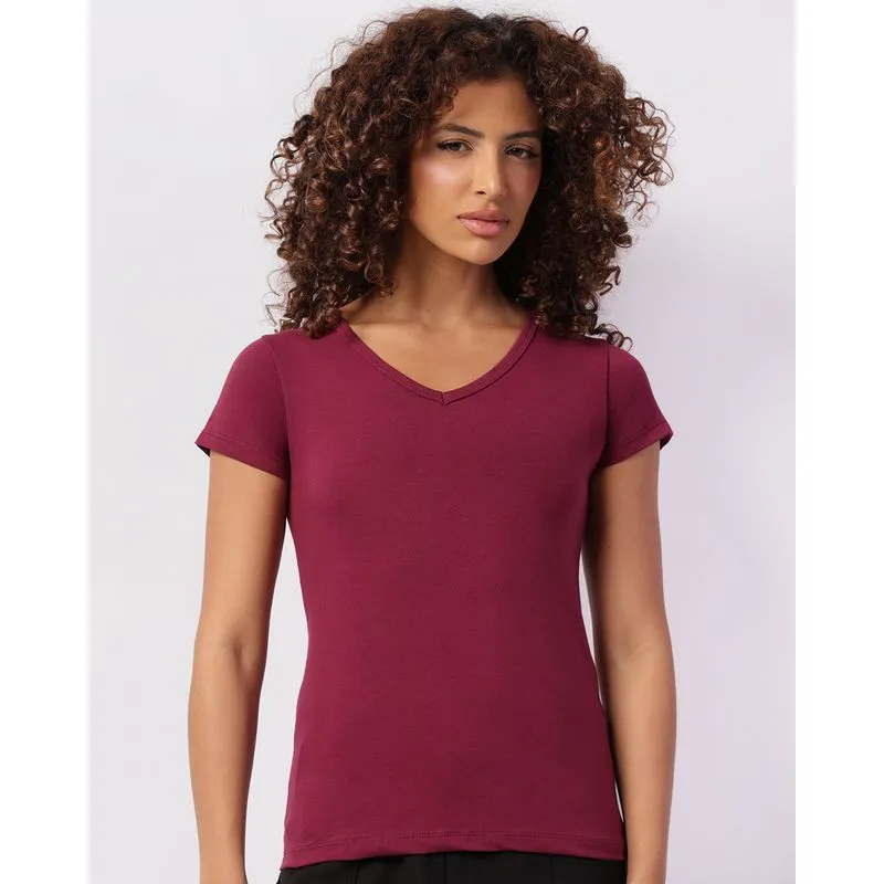 Blusa Feminina Básica Decote V Manga Curta Vinho G