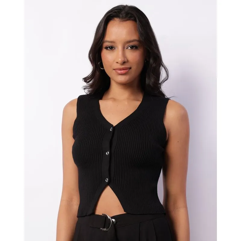 Colete Feminino Tricô Canelado Preto G