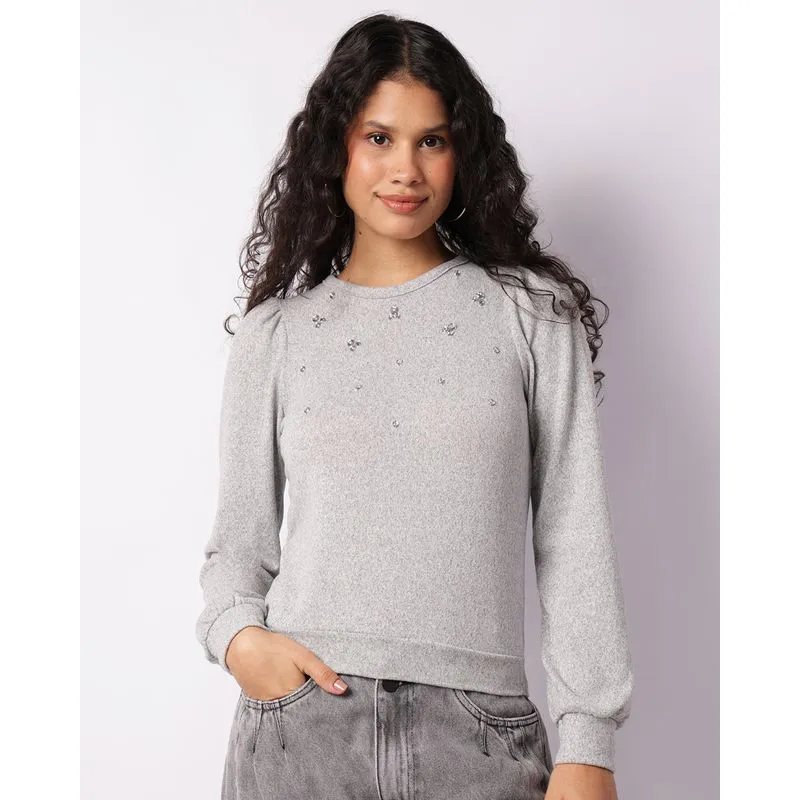 Blusa Feminina Manga Longa Aplicação De Pedras Cinza GG