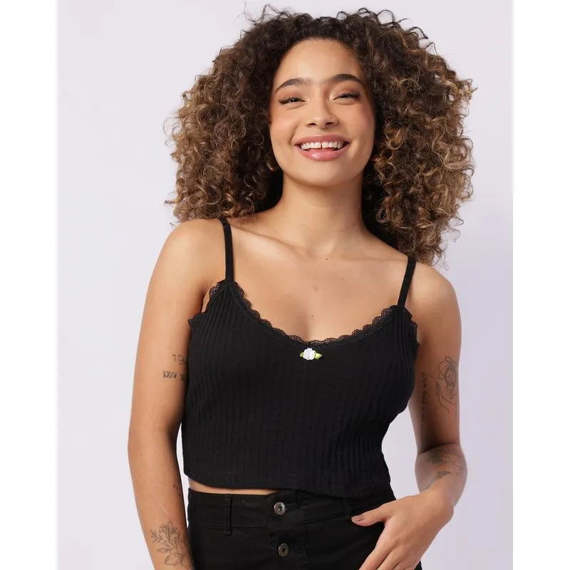 Blusa Feminina Alcinhas Cropped Canelada Renda no Decote Preta G