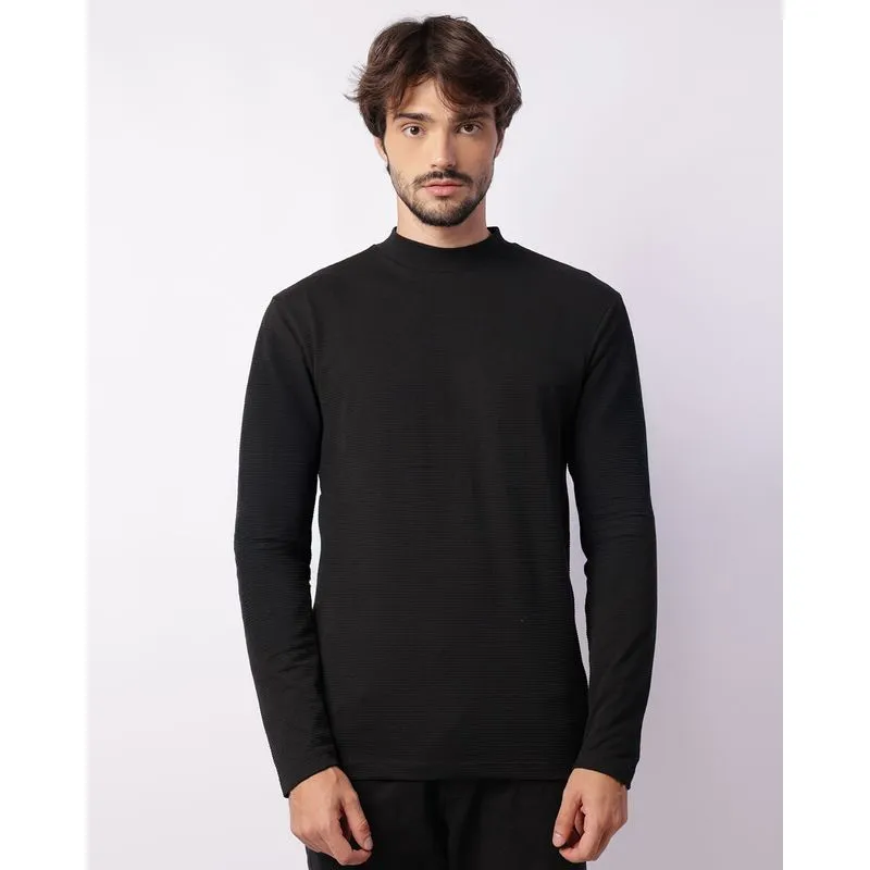 Camiseta Masculina Texturizada Manga Longa Gola Alta Preta M