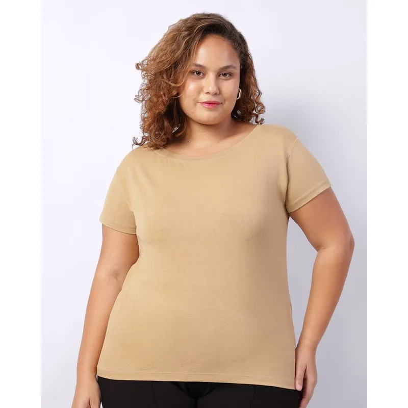 Camiseta Plus Size Feminina Decote Canoa Básica Bege G1