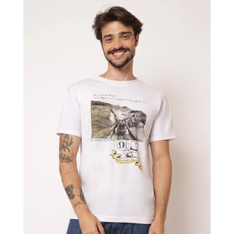 Camiseta Masculina Algodão Harry Potter com Estampa Branca P