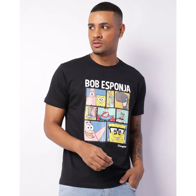 Camiseta Masculina Manga Curta Gangster Nickelodeon Bob Esponja Preta GG