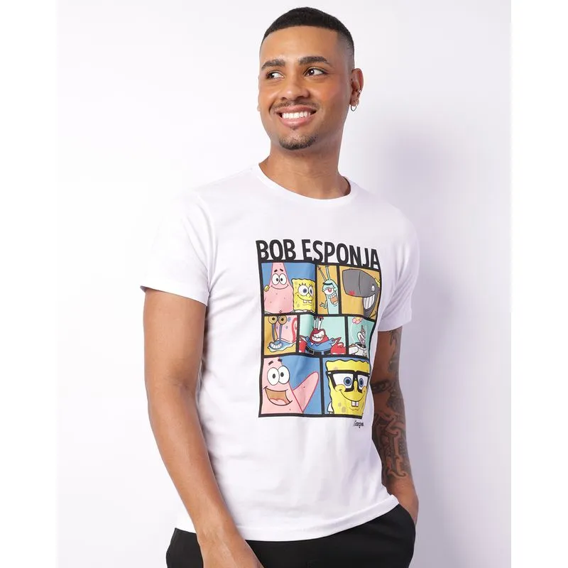 Camiseta Masculina Manga Curta Gangster Nickelodeon Bob Esponja Branca P