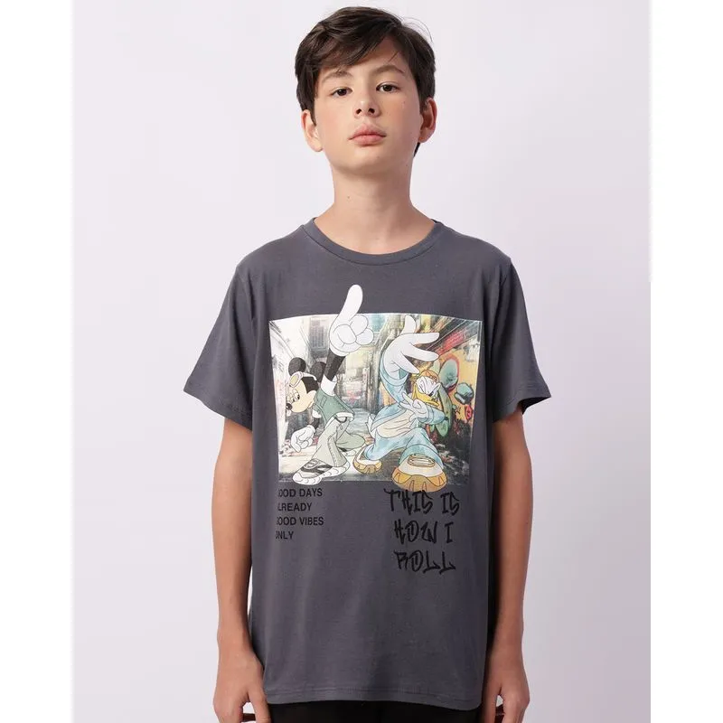 Camiseta Juvenil Disney Mickey Pato Donald Manga Curta Cinza 14