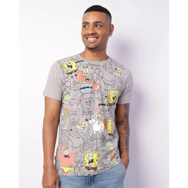 Camiseta Masculina Manga Curta Nickelodeon Bob Esponja Cinza G
