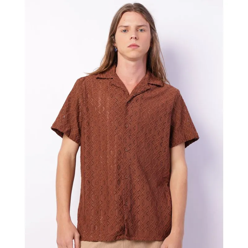 Camisa Masculina Manga Curta Crochê Com Botões Marrom G