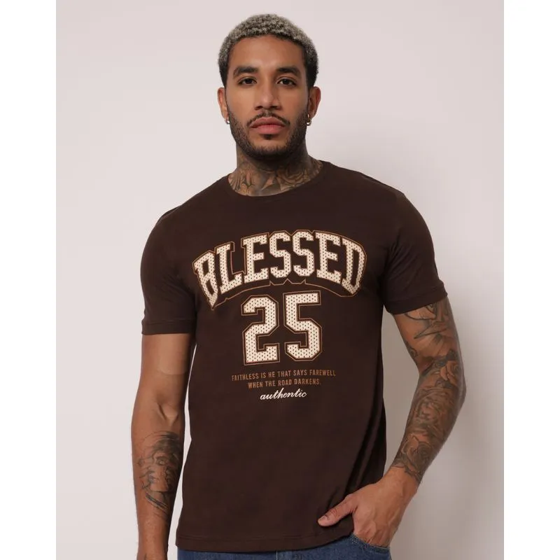 Camiseta Masculina Algodão Estampa Blessed 25 Marrom M