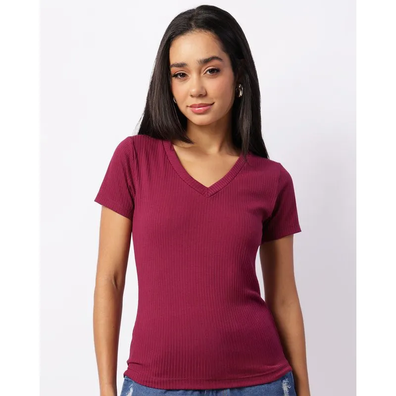 Blusa Feminina Canelada Decote V Manga Curta Vinho M