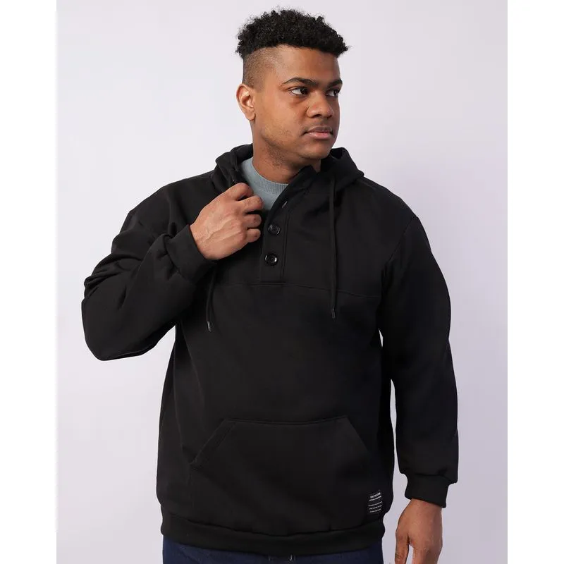 Blusão Moletom Plus Size Masculino Bolso Canguru Capuz Preto G3