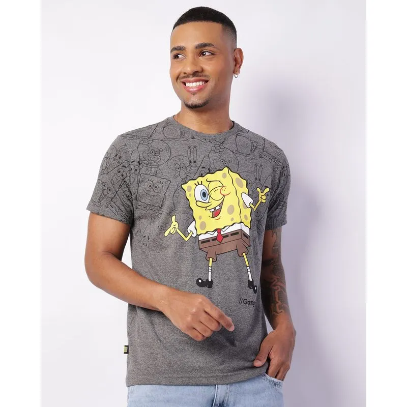 Camiseta Masculina Bob Esponja Gangster Manga Curta Cinza Escuro G