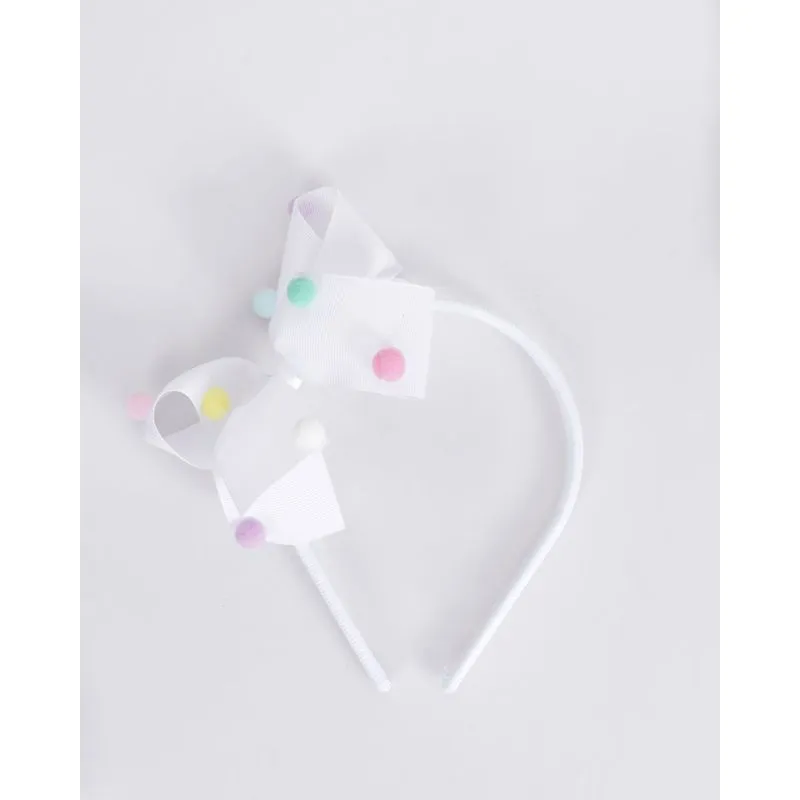 Tiara Infantil Laço Com Pom Pom Branca UN