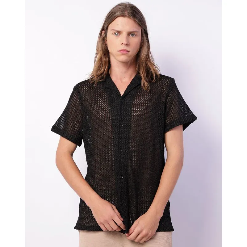 Camisa Masculina Manga Curta Tricô Com Botões Preta P