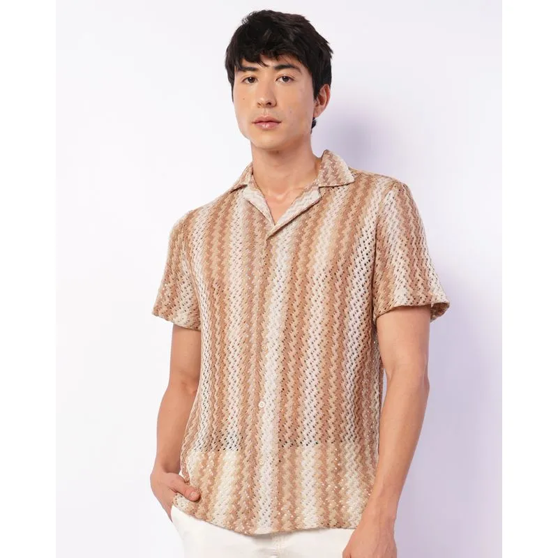 Camisa Masculina Manga Curta Tricô Chevron Bege P