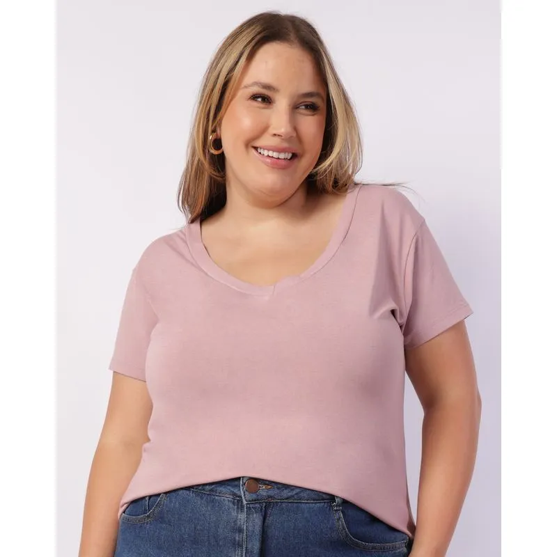 Blusa Plus Size Feminina Básica Decote V Rosa G2