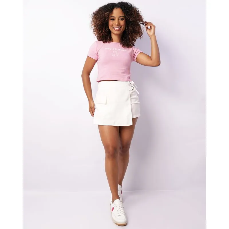 Short Saia Feminino Curto Bolso Ilhós Off White M