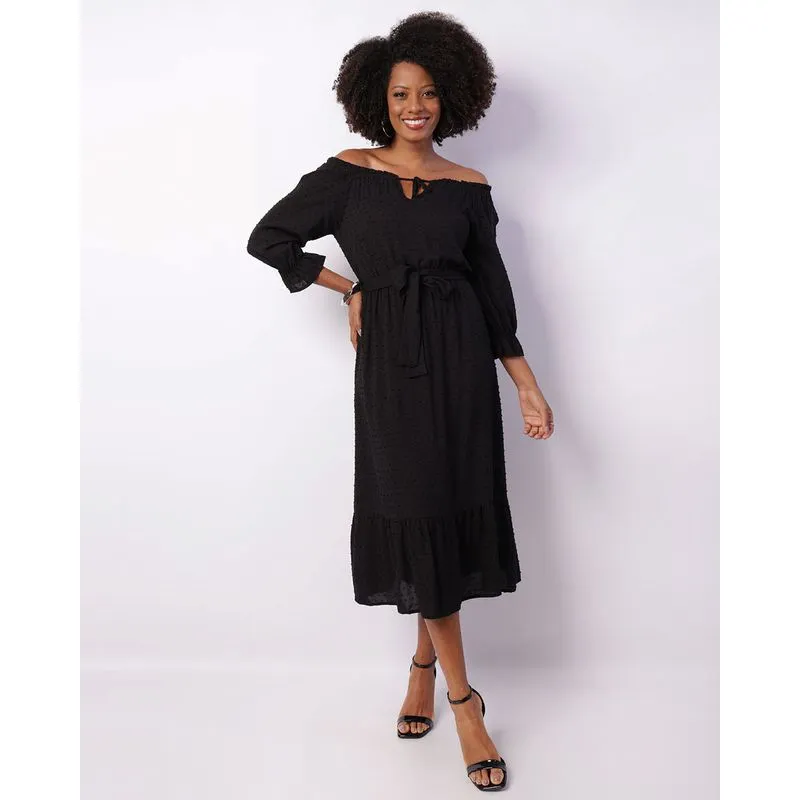 Vestido Feminino Berry & Co. Midi Ciganinha Texturizado Preto GG