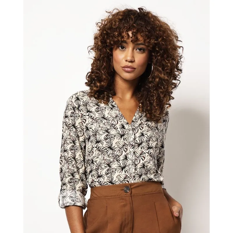 Camisa Feminina Berry & Co. Viscose Folhagens Off White GG
