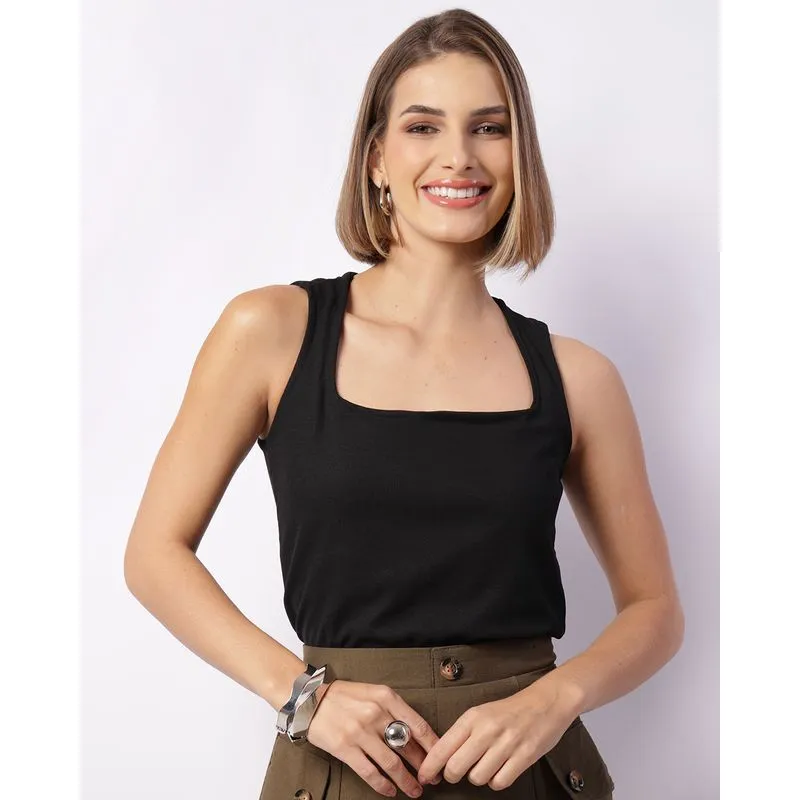 Regata Feminina Texturizada Decote Quadrado Preta G