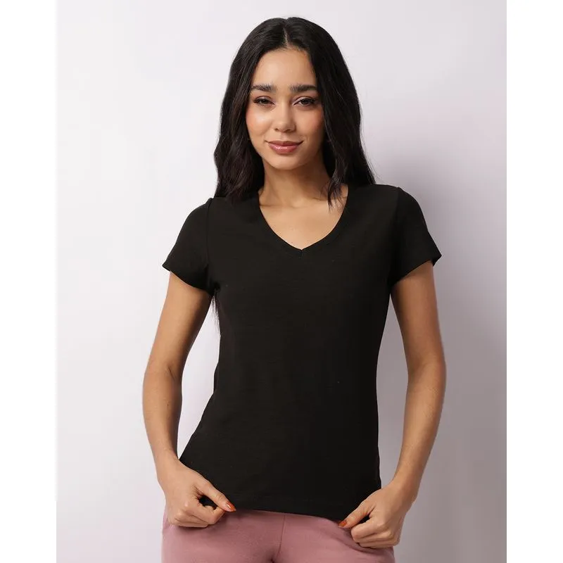 Blusa Feminina Básica Decote V Manga Curta Preta P