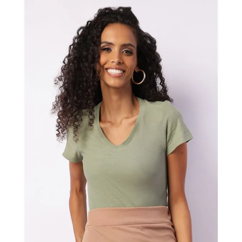 Blusa Feminina Básica Manga Curta Decote V Verde G
