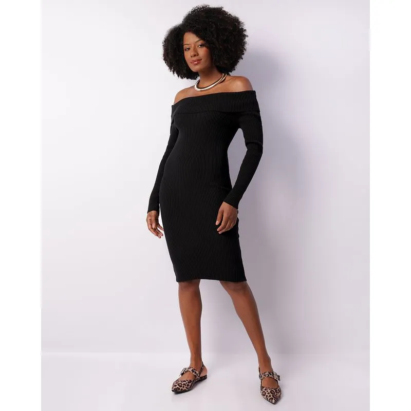 Vestido Feminino Midi Tricô Canelado Ombro Á Ombro Preto GG