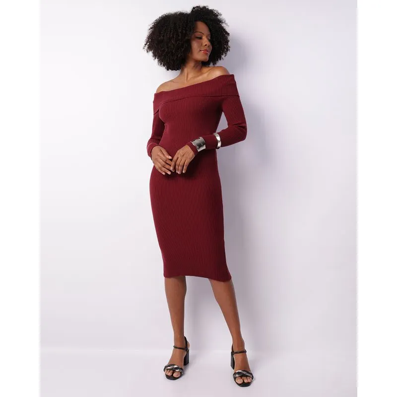 Vestido Feminino Midi Tricô Canelado Ombro Á Ombro Vinho P