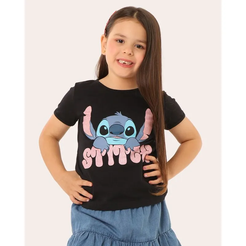 Blusa Infantil Disney Stitch Manga Curta Preta 12