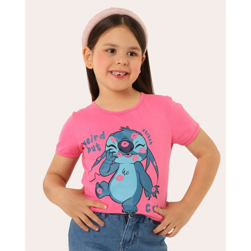 Blusa Infantil Disney Stitch Manga Curta Rosa 12
