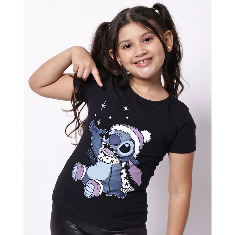 Blusa Infantil Algodão Disney Stitch Manga Curta Preta 10