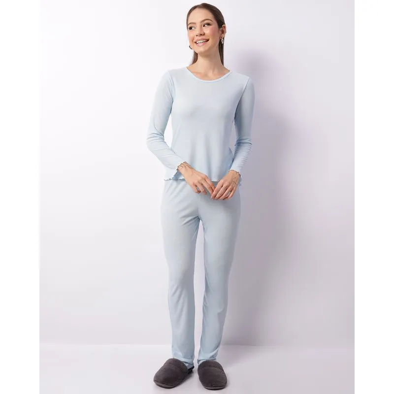 Pijama Feminino Longo Canelado Frufru Azul GG