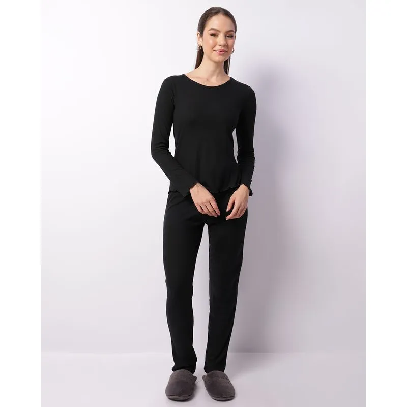 Pijama Feminino Longo Canelado Frufru Preto P