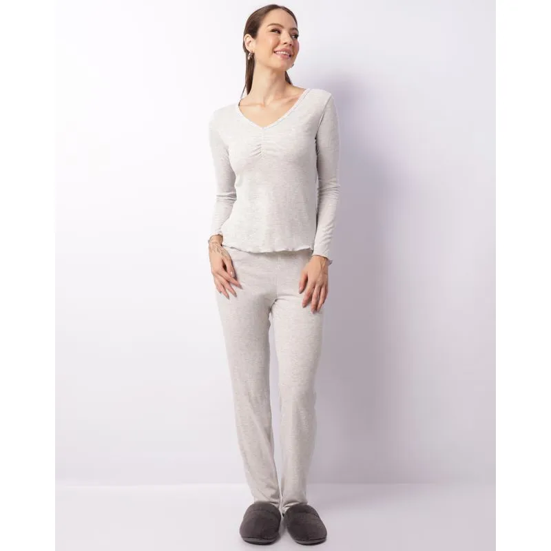 Pijama Feminino Longo Canelado Frufru Cinza G