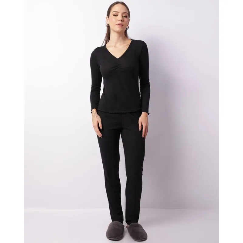 Pijama Feminino Longo Texturizado Franzido Preto G