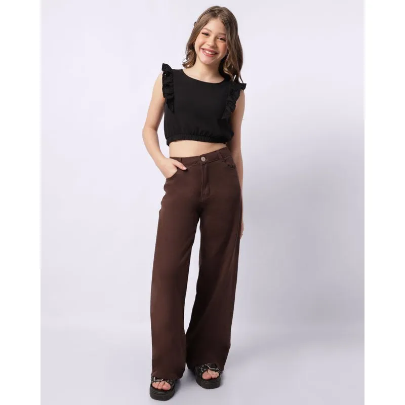 Calça Jeans Juvenil Wide Leg com Bolsos Marrom 14