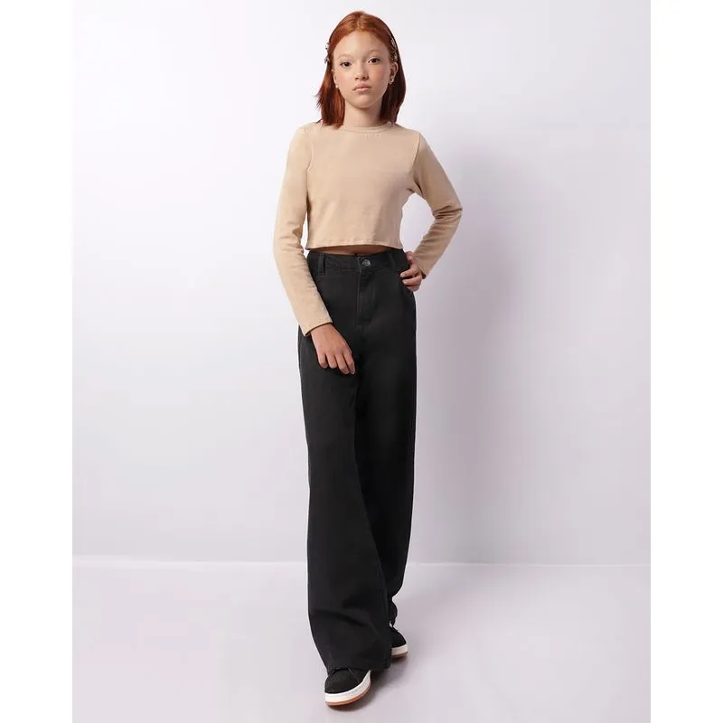 Calça Jeans Juvenil Wide Leg Com Bolsos Preta 14
