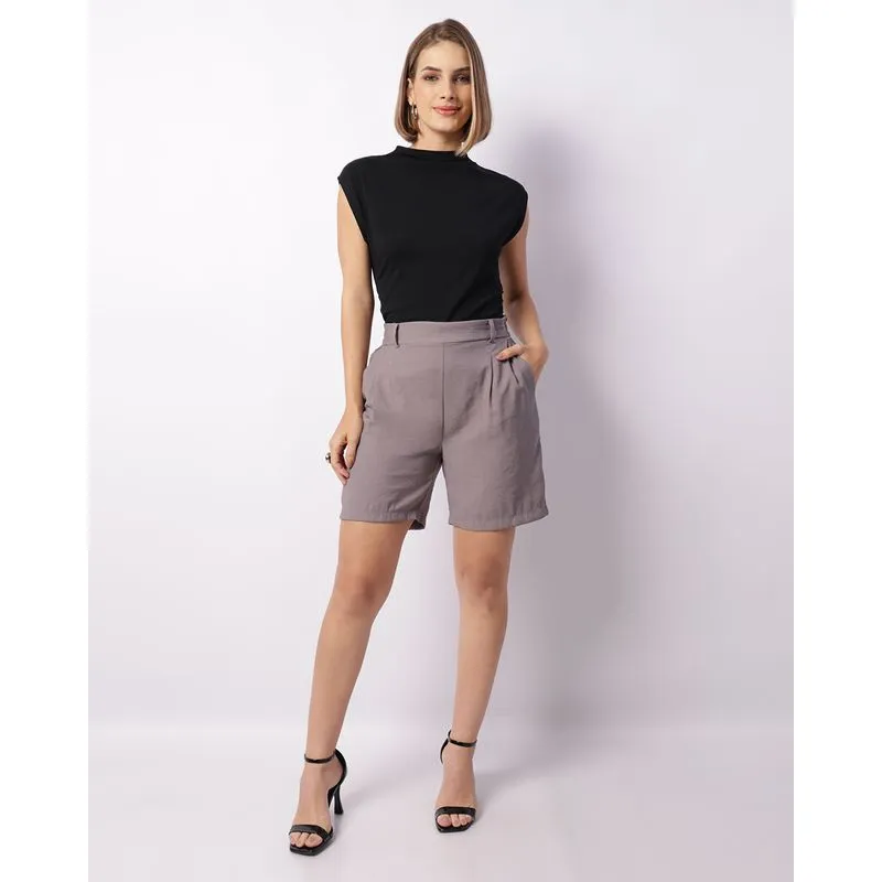 Bermuda Feminina Reta Viscose Com Pregas Bolsos Cinza GG