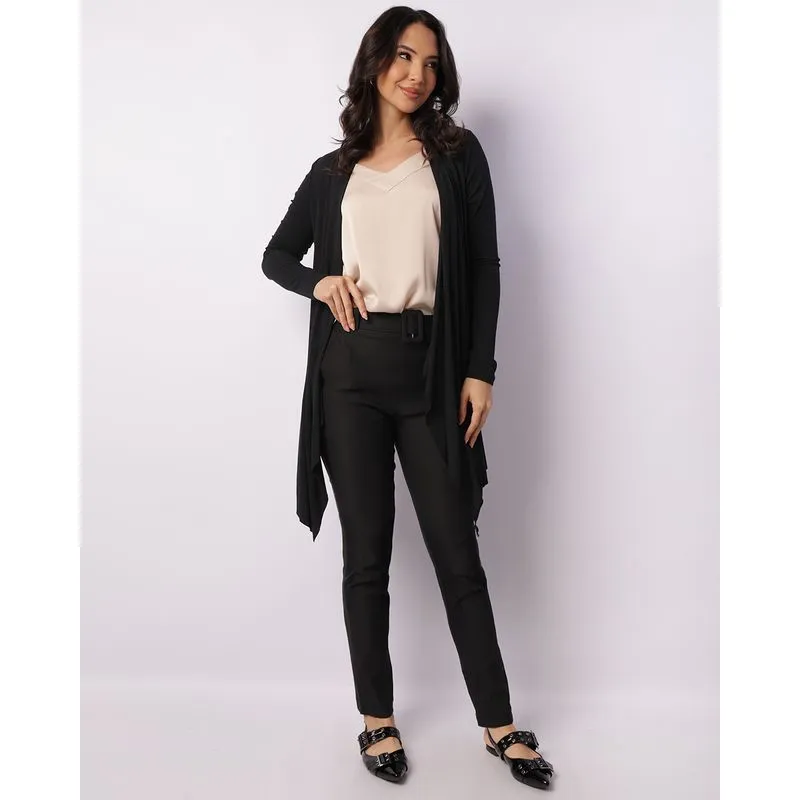 Calça Feminina Reta Bengaline Com Bolsos E Cinto Preta GG