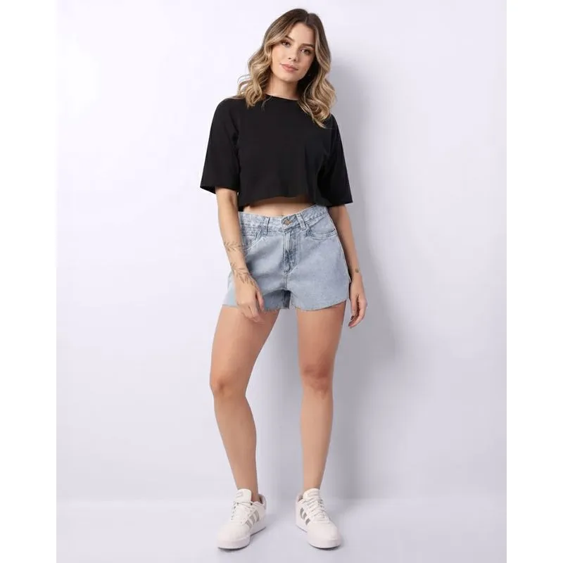 Short Jeans Feminino Curto Barra Desfiada Azul 36