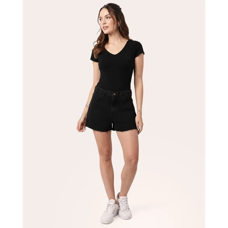 Short Jeans Feminino Algodão Barra Desfiada Preta 42