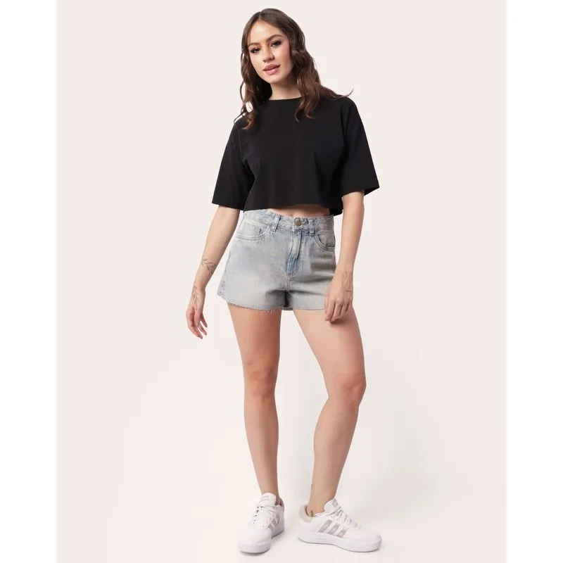 Short Jeans Feminino Algodão Estonado Barra Desfiada Azul 44