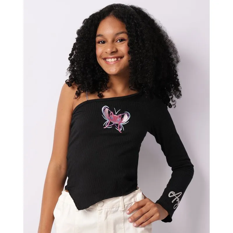 Blusa Juvenil Disney Bordado Stitch Um Ombro Só Preta 10